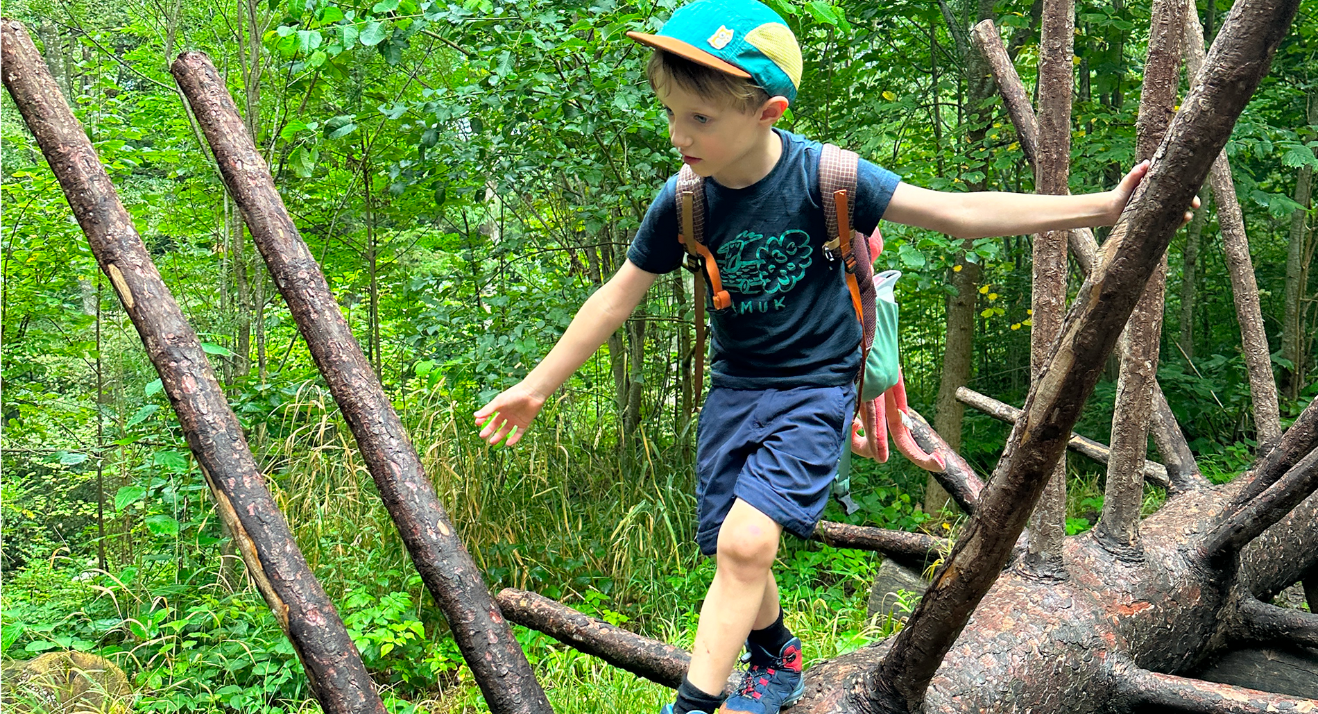 Boy in hiking clothes climbs over a tree trunk in a green landscape