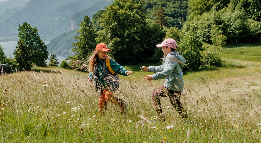 Kids are playing on a field with flowers